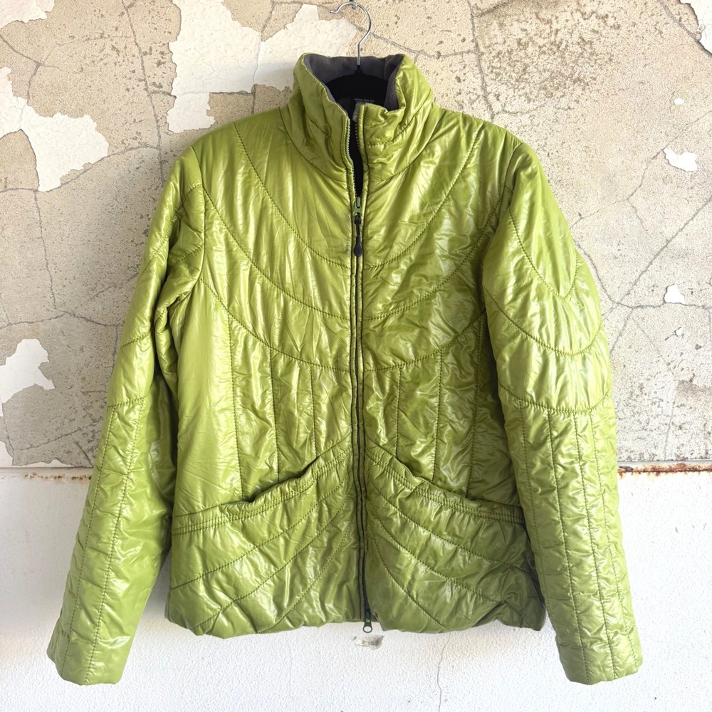 Y2K Athleta Puffer Jacket Quilted Fleece Lined Chartreuse Green Coat Womens M